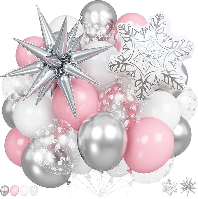 Pink Winter Wonderland Christmas Balloons, 18 Inch White Snowflake Balloon by Togvu