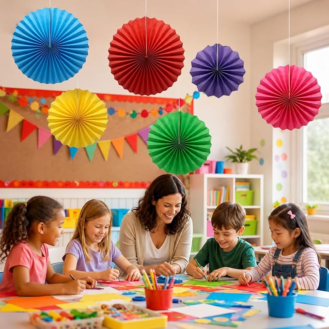 6-Pack Colorful Paper Fans, Hanging Party Decorations | Round Pattern Rosettes - Image 5
