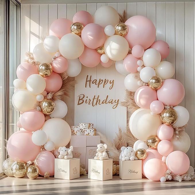 Pink Beige White Balloons Arch Kit, Sand White, Different Size | Latex Balloons by PUFFLD