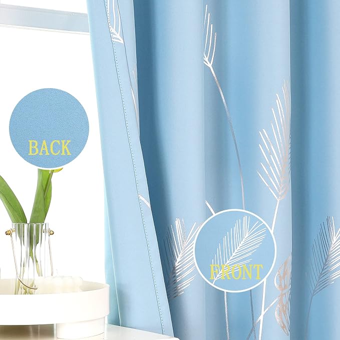 Sky Blue Blackout Curtains for Living Room, Room Darkening Silver Palm Tree - Image 3