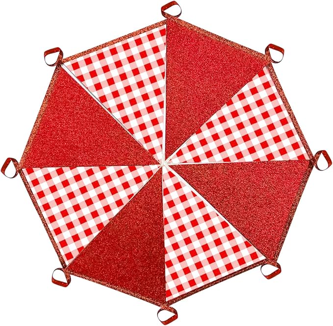 Red Buffalo Plaid Party Decorations Pennant Banner Flag Hanging Red Glitter - Image 4