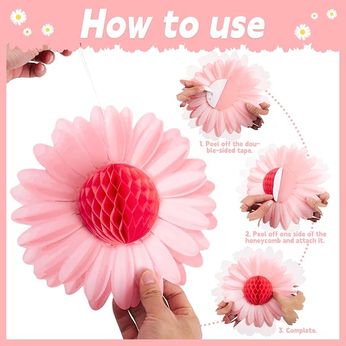 SUNBEAUTY Daisy Flower Hanging Decoration 9Pcs Pink and Yellow Daisy Honeycomb - Image 4