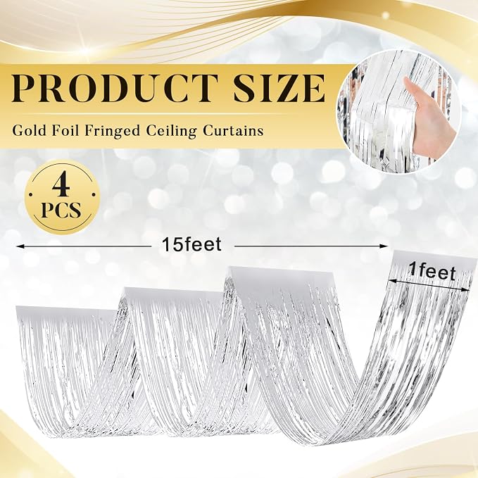 4 Pcs 15ft Silver Metallic Foil Ceiling Fringe Curtains, Party Decor Fringe - Image 2