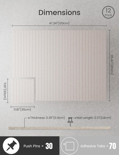 Bumusty Large Cork Board Alternative-47 x35 Felt Bulletin Board Tiles, with 30 Pushpins, 70 Adhesive Tabs, 12-Pack Slat Wall Paneling, Cork Boards for Office Push Pin Board Felt Board-Oatmeal