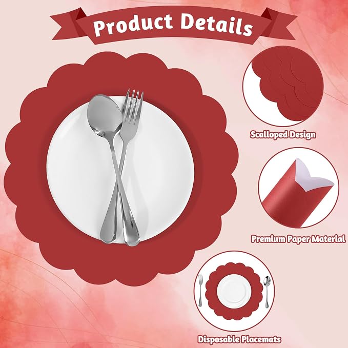 60 Pcs Red Paper Placemats, 13.5 Inch Disposable Scalloped Table Mats | Thick - Image 3