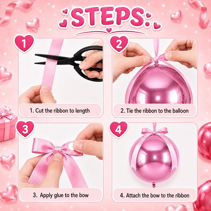 Pink Round Foil Balloons with Satin Bows and Ribbon - Image 3