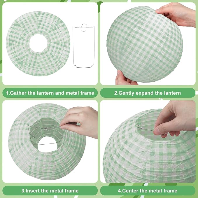 Honoson 12 Pcs Green Gingham Paper Lanterns Decoration10 Inch White and Sage - Image 5