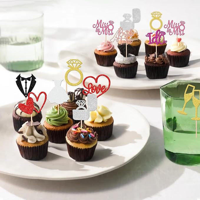 30 PCS He Asked She Said Yes Cupcake Toppers Glitter Engagement Cupcake Toppers Miss to Mrs I Do Love Heart Ring Miss to Mrs Cupcake Picks for Wedding Engagement Party Cake Decorations Supplies Multi