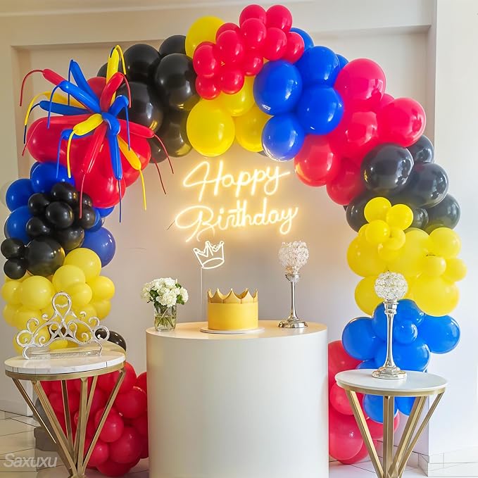 Blue Red Yellow Black Balloon Arch Kit, Long Balloons - Image 4