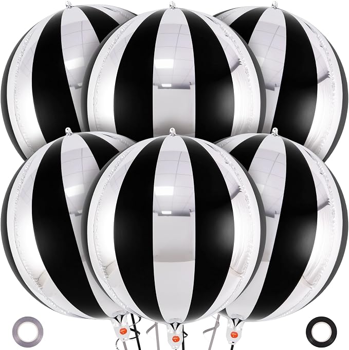 Black and Silver Striped Balloons, 22 Inch Metallic Round Foil Balloons by AIQINHU