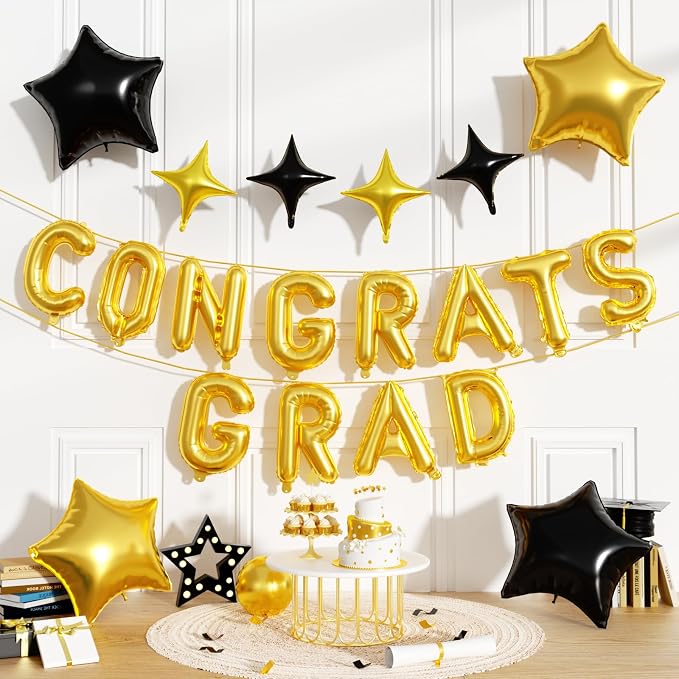 Congrats Grad Balloons, 16 Inch Black Gold Congrats Grad Letters Banner Balloons by FunHot