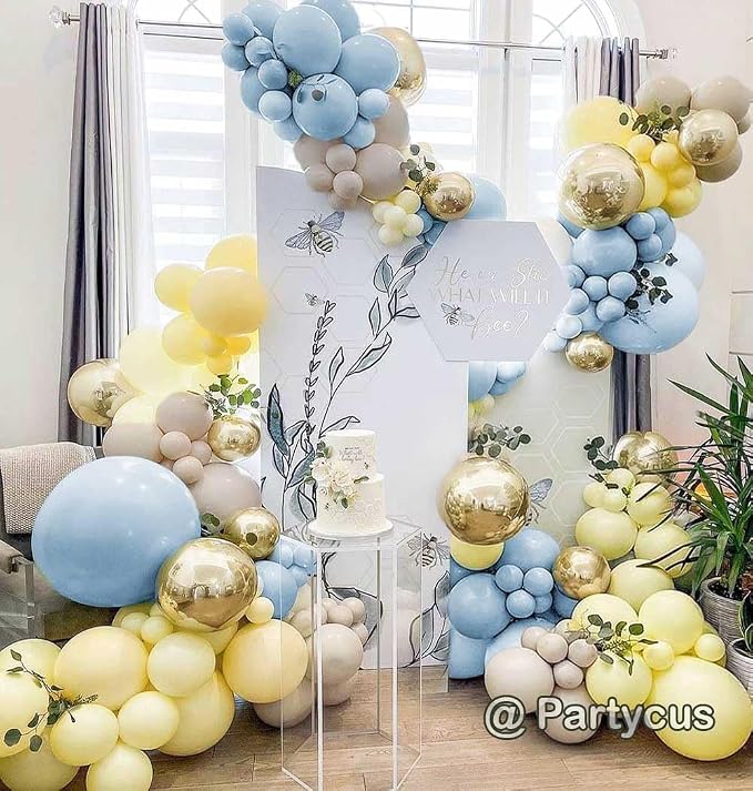 Blue Yellow Balloon Arch Kit Double Stuffed Light Yellow Pastel Blue White Sand - Image 8