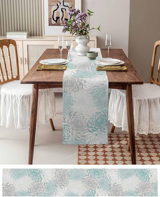 Auqa Chrysanthemum Cotton Linen Table Runner for Dining Kitchen, Wedding Outdoor Party Tablerunners Decoration, Farmhouse Floral Botanical Leaves Dresser Scarf Coffee Tablecloth Runners 13x120 Inches