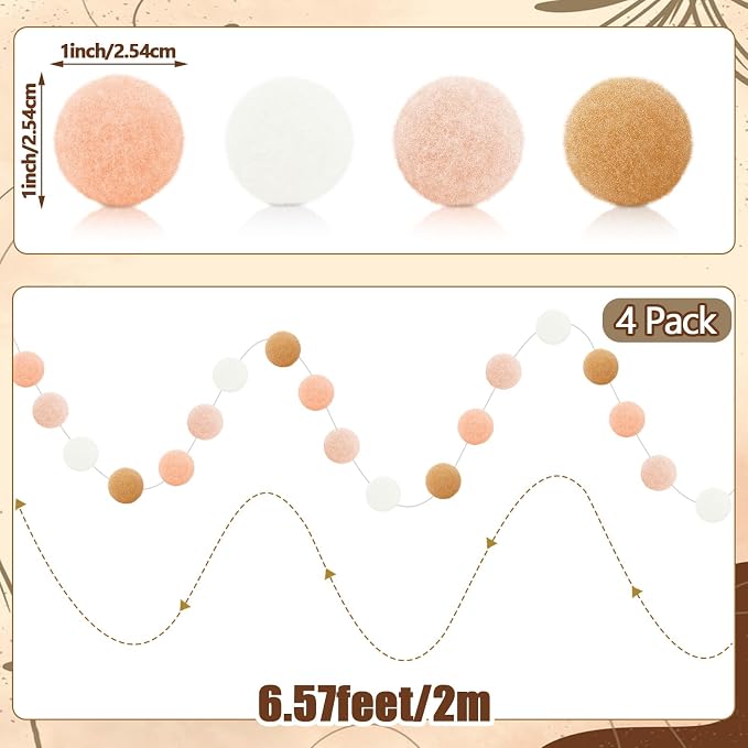 MARFOREVER 4 Pack 26.3 Ft Boho Pom Pom Garland Felt Ball Garland Decoration | - Image 2