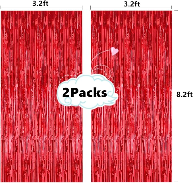 2 Pcs 3.2ft x 8.2ft Shiny Red Metallic Tinsel Foil Fringe Curtains Photo Booth - Image 2