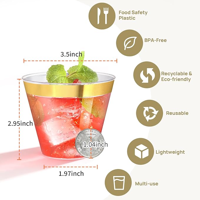 100Counts 9 OZ. Disposable Cups Old fashioned Party Tumblers, 9 Ounce Squat Cups Gold Rimmed Hard Plastic Party Wedding Cups with Gold Rim