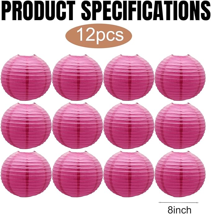Hot Pink Paper Lanterns Decorative Hanging Round Shape Lanterns 8inch | - Image 2