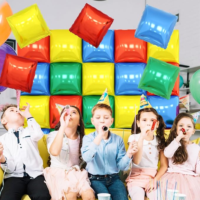 Red Yellow Blue and Green Double Sided Square Foil Balloons Wall, 19 Inches - Image 6