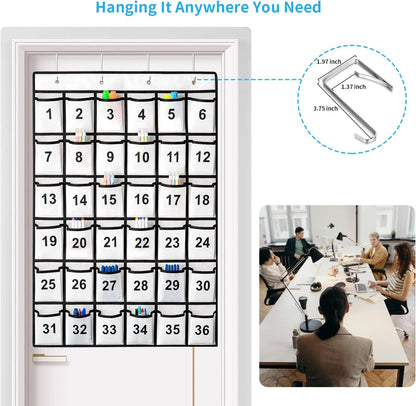 36 Pockets Numbered Classroom Pocket Chart for Cell Phones, Hanging Pocket Chart Storage for Classroom Phone Calculator Holder with 4 Stainless Steel Hooks (White-36pockets)