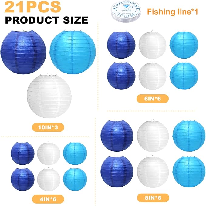 21Pcs Blue Paper Lanterns, 4-10in Hanging Decor, Wedding Birthday | Blue - Image 2