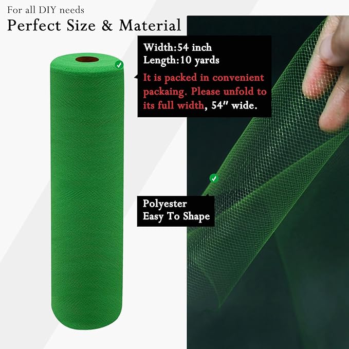 Emerald Green Tulle Fabric Rolls 54 Inch by 10 Yards Fabric Tulle Bolt for Wedding Christmas Decorations Gift Wrapping DIY Tutu Baby Shower Table Skirt Birthday Party Craft Supplies