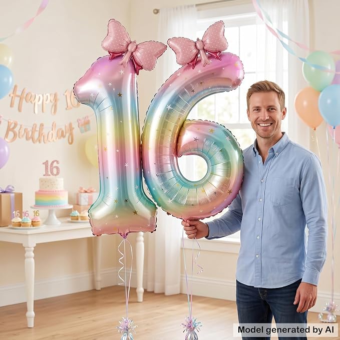 40" Giant Pastel Rainbow Number 16 Balloon Foil Pink Bow Decor Kit | - Image 4