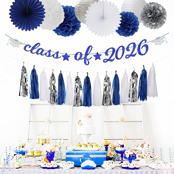 Navy-Blue White Silver Graduation Party-Decorations Garland - Image 5