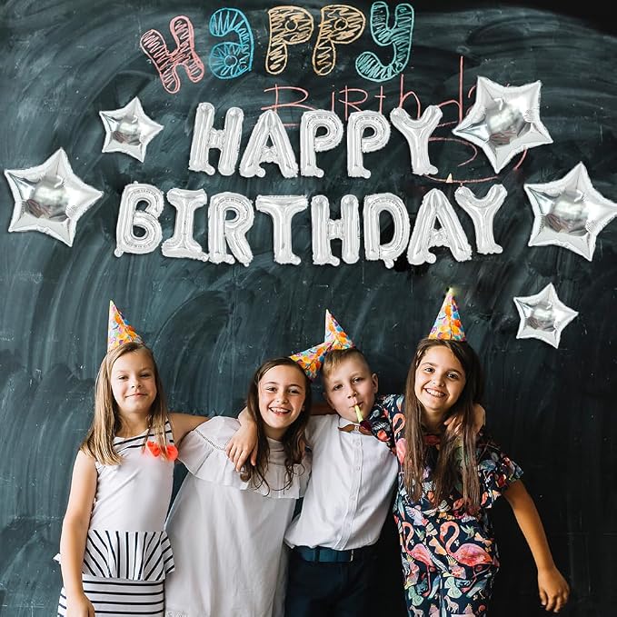 TONIFUL 35PCS Silver Happy Birthday Decorations 16 Inch Happy Birthday Balloon - Image 4