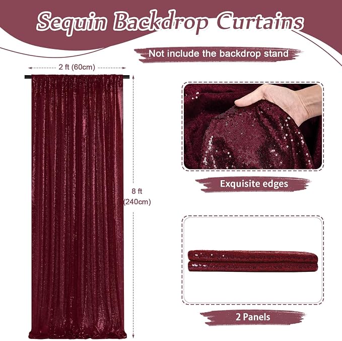 Burgundy Sequin Backdrop Curtains, 2 Panels 2FTx8FT Burgundy Curtain Backdrop - Image 4