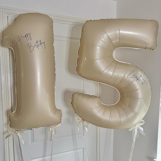Cream Number 15 Balloons, 40 Inch 15 Balloons Giant Helium Foil Mylar Beige 15 - Image 5