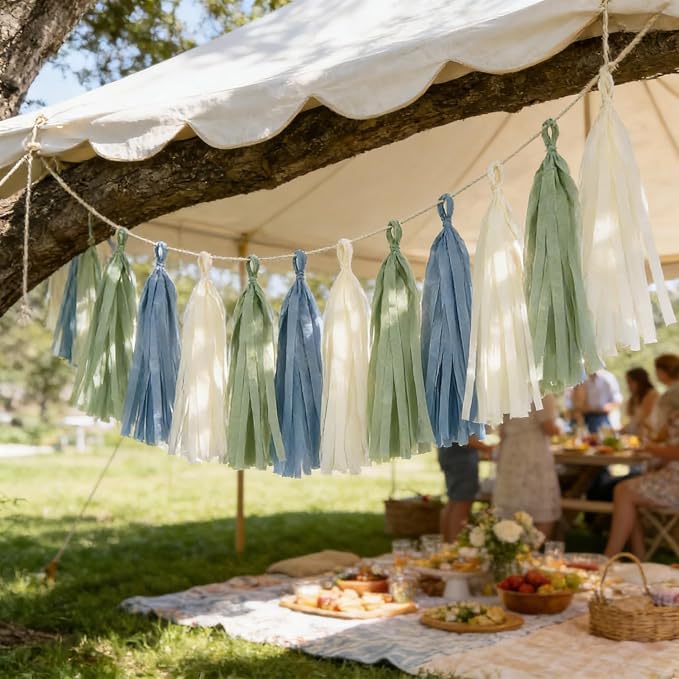 15PCS Dusty Blue Sage Green Ivory Party Tissue Tassel Garland Decorations - Image 7