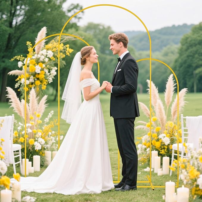 MODFUNS Arch Backdrop Stand and Cover Set 4&5&6ft Gold Arch Stand Royal Blue Arches Backdrop Cover Metal Weddding Arched Frame with Covers for Wedding Party Baby Shower Event Decor