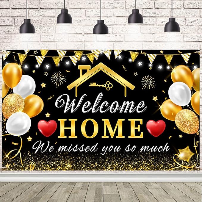 AIBIIN 8x6ft Welcome Home Banner Decorations Black Gold Welcome Home Backdrop by AIBIIN