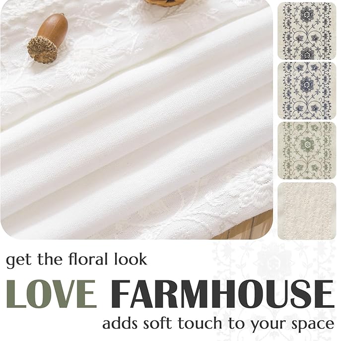 jinchan Floral Linen Curtains Embroidered Back Tab 50x63in 2 Panels White | - Image 5