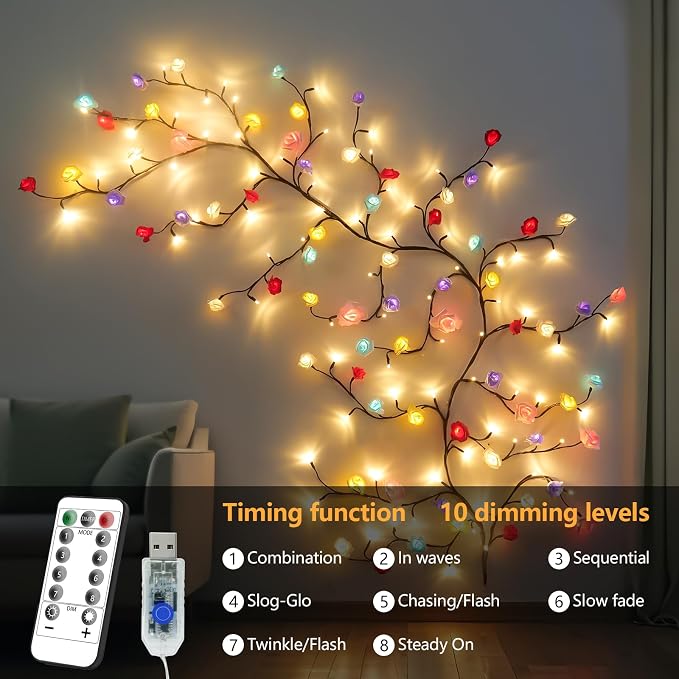 7.55FT 144LED Macaroon Rose Blossom Enchanted Willow Vine Light, Battery Box | - Image 3