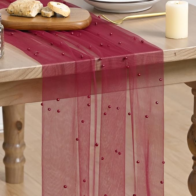 Artoid Mode 3PCS Pearl Burgundy Gauze Table Runner 120 Inch 10FT, Seasonal by ArtoidMode