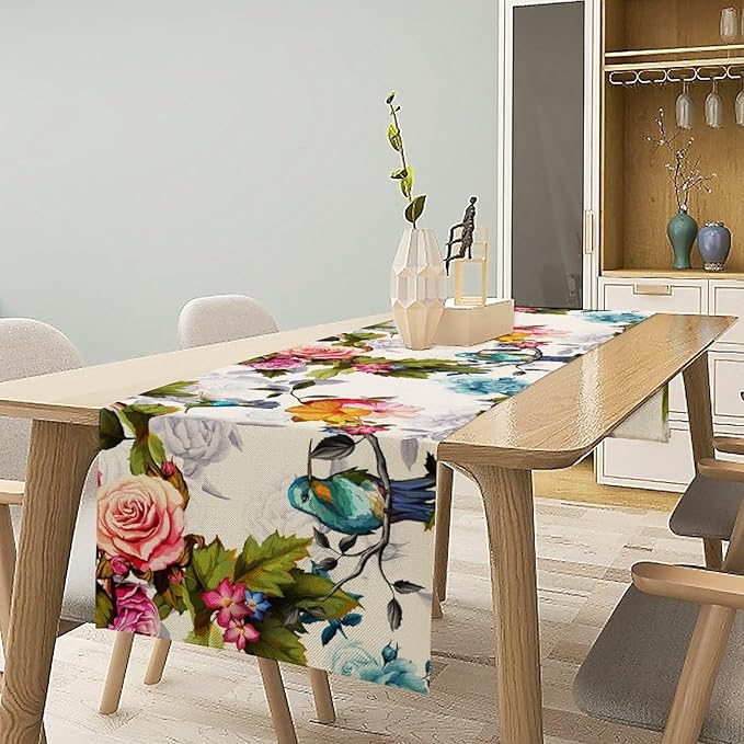 Hummingbird Table Runner,Vintage Floral Country Style Table Cloth Home Kitchen Restaurant Party Decoration 13x72 Inch