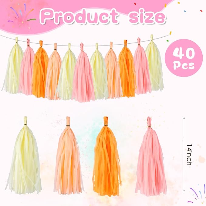 Peach Pink & Orange Tassel Garland Banner – 40 PCS Paper Tassels - Image 3
