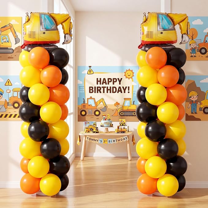2 Set Construction Party Balloon Column Stand Kit Orange Yellow Black Balloon - Image 3