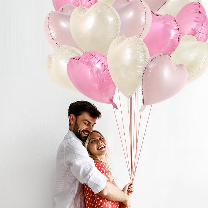 TONIFUL 30 Pcs 18 Inch Cream White Pink Heart Shape Foil Mylar Balloons | - Image 5