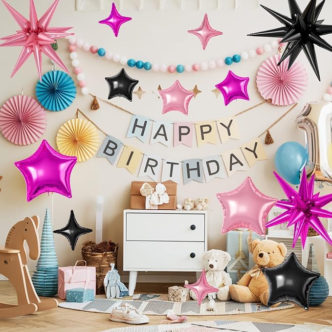 Black Hot Pink Star Balloons, 22/18/10 Inch Foil Balloons, Four-Pointed Balloon - Image 5