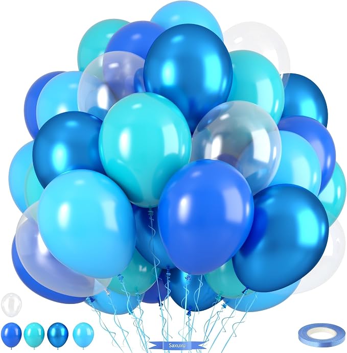 Ocean Balloons, 12 Inch Dark Light Blue Teal Clear Pearl Transparent Metallic by Saxuxu