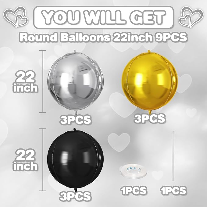 Black Gold Silver Round Foil Balloons 9 pcs, Metallic Giant 4D Round Balloons - Image 2