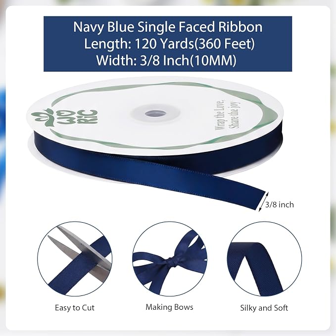 woric 120 Yards Navy Blue Ribbon 3/8 Inch Thin Dark Blue Satin Ribbons | - Image 2