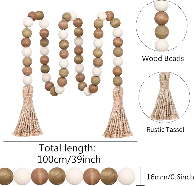 Meplait Wood Bead Garland, 39in Decorative Tassels Garland, Coffee&Natural | - Image 6
