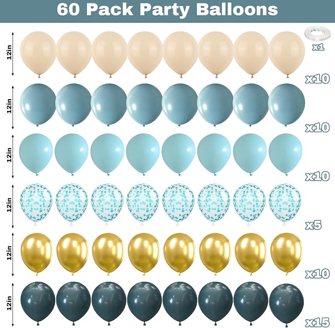 60 Pack Dusty Blue Gold Balloons, Slate Blue White Sand Teal Turquoise Crem - Image 2