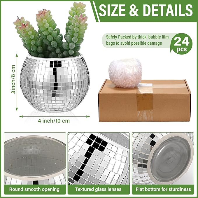 Jinei 24 Pcs Disco Vases Bulk Silver Mirror Disco Ball Flower Glass Ball Planter Candle Holder Glass Vase for Wedding Table Centerpieces Bedroom Office Birthday Decoration (3" X 4")