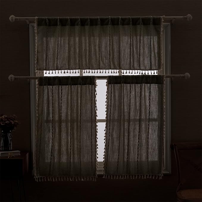 RoomTalks Green Boho Farmhouse Kitchen Curtains 54 Inch Length French Striped - Image 4
