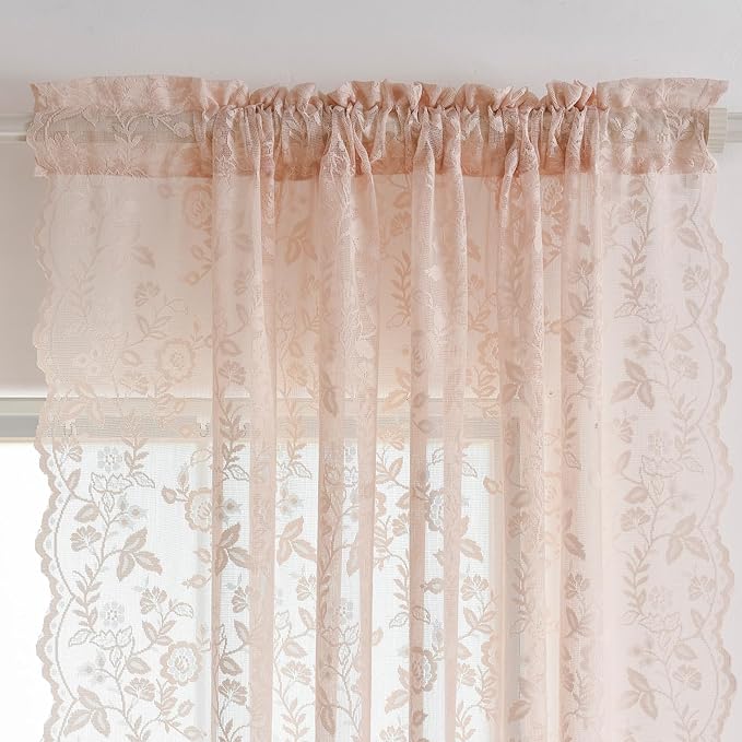 FINECITY Blush Pink Lace Curtains Rustic Leaf Floral 42 x 84 Inch, 2 Panels | - Image 3