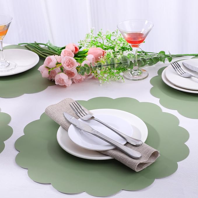 NatNarr 60 Pcs Sage Green Scalloped Paper Placemats, 13.5 Inch | Disposable - Image 5